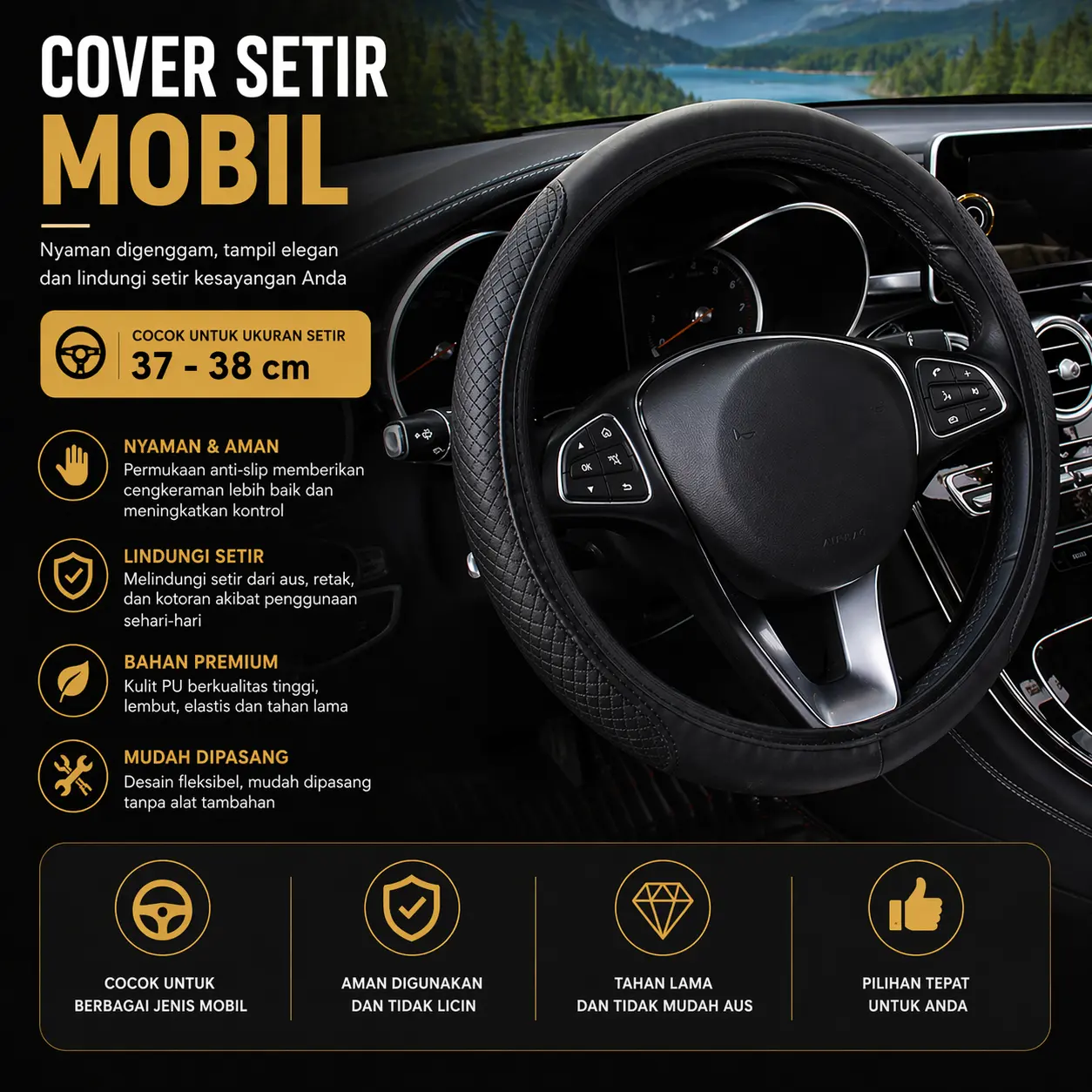 Cover Setir Mobil Kulit PU Steering Wheel Universal 37-38cm