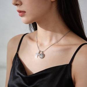 Full-Diamond Cross Smiley Double Pendant Necklace | Vibrant Light Luxury Clavicle Chain