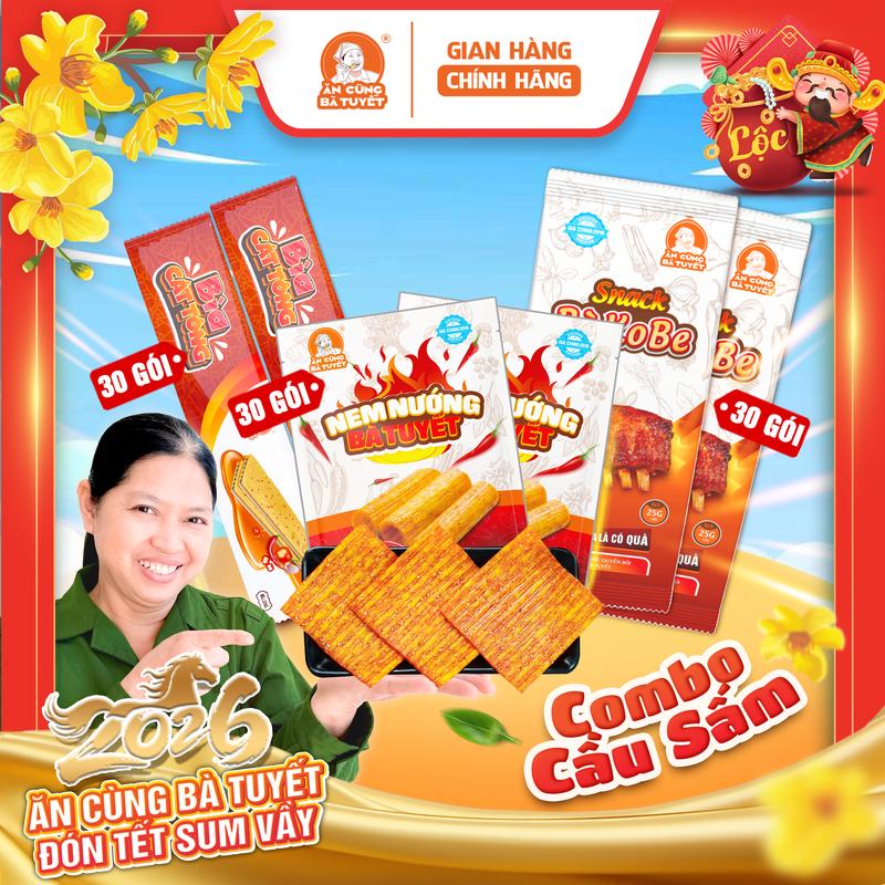  Combo CẦU SẤM gồm: 30 gói snack NEM NƯỚNG phên +30 gói snack BÌA CATTONG+30 gói snack BÒ KOBE +tặng 1 bịch thạch healthy snack đồ ăn vặt Cay ĂN CÙNG BÀ TUYẾT M57 