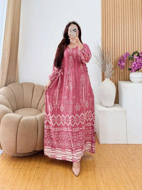 Gaun Gamis Wanita Elegan Motif Unik Cantik Lengan Panjang Bahan Tebal Nyaman untuk Acara Formal dan Santai