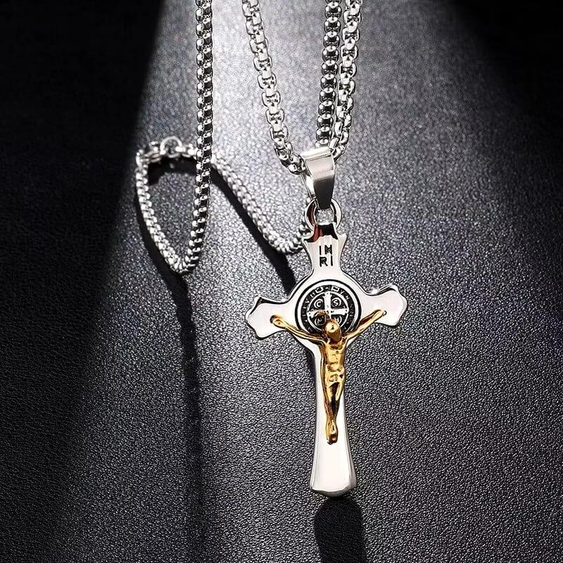 Kalung Salib Katolik St Santo Benediktus Titanium Kalung Doa Perlindungan Kedamaian Aksesoris Elegan 2
