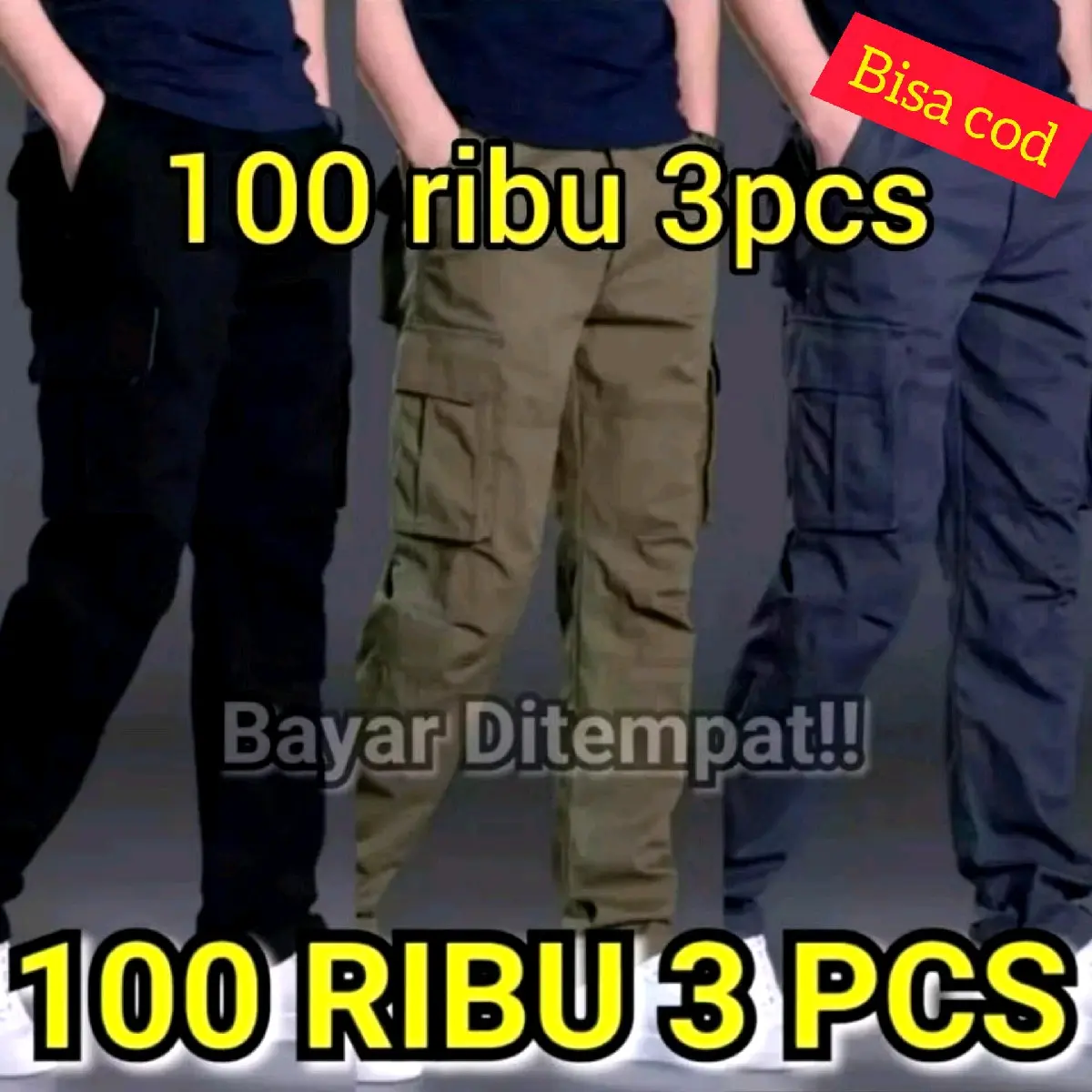 100 RIBU DAPAT 3 CELANA PANJANG CARGO DEWASA RIP PINGGANG KARET CELANA CASUAL PRIA Hitam Cream Grey Mocca