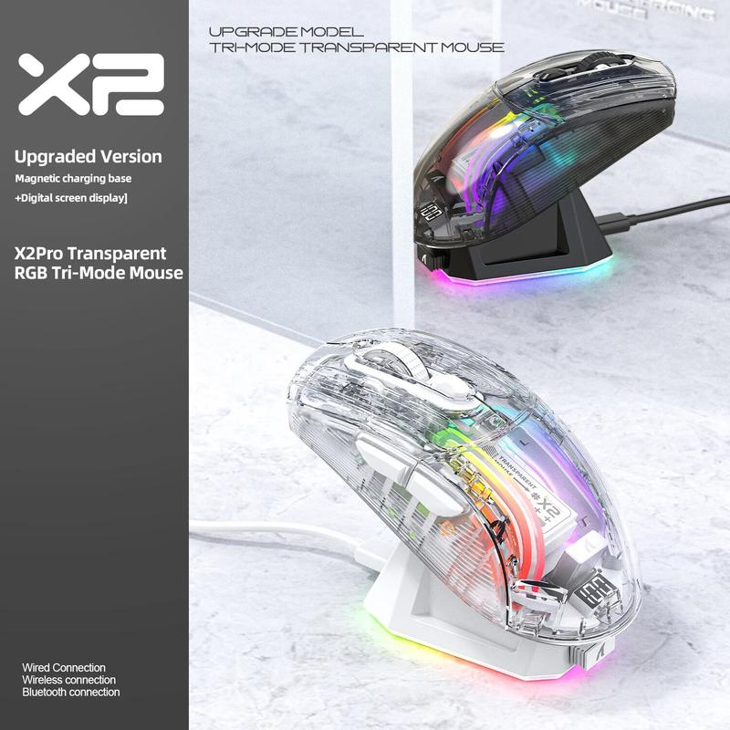  Chuột Bluetooth sạc từ tính Thiết kế cá mập tấn công X2 Pro Chế độ ba Đèn RGB Trong suốt Đèn báo pin Tương thích với máy tính và điện thoại 