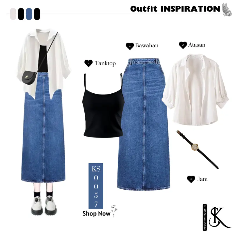 1 set outfit wanita kece [KEMEJA + ROK JEANS + TANKTOP + JAM TANGAN] tampil modis dan stylish KS0057 0