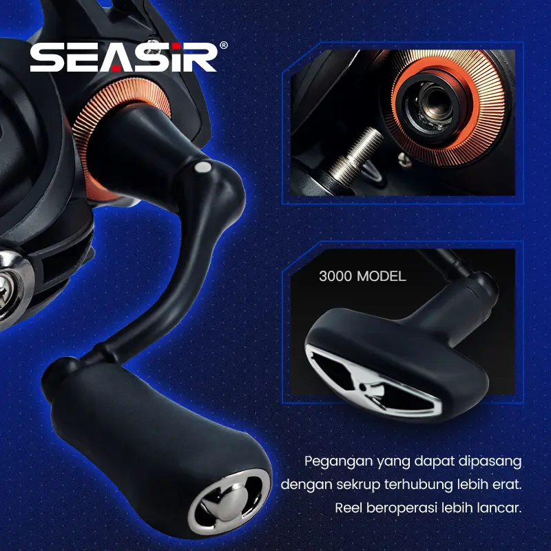 SEASIR x SEAHUNTER BLACK ARROW 1000-3000 Reel Pancing Putar, Power Handle Reel Tahan Air Kumparan Dangkal Aluminium, Bantalan Bola 5+1, Rasio Gir 5.2:1, Tarikan Maksimal 13KG, Gir Utama Logam Tarikan Kuat Lebih Halus Berkualitas saltwater Laut 4