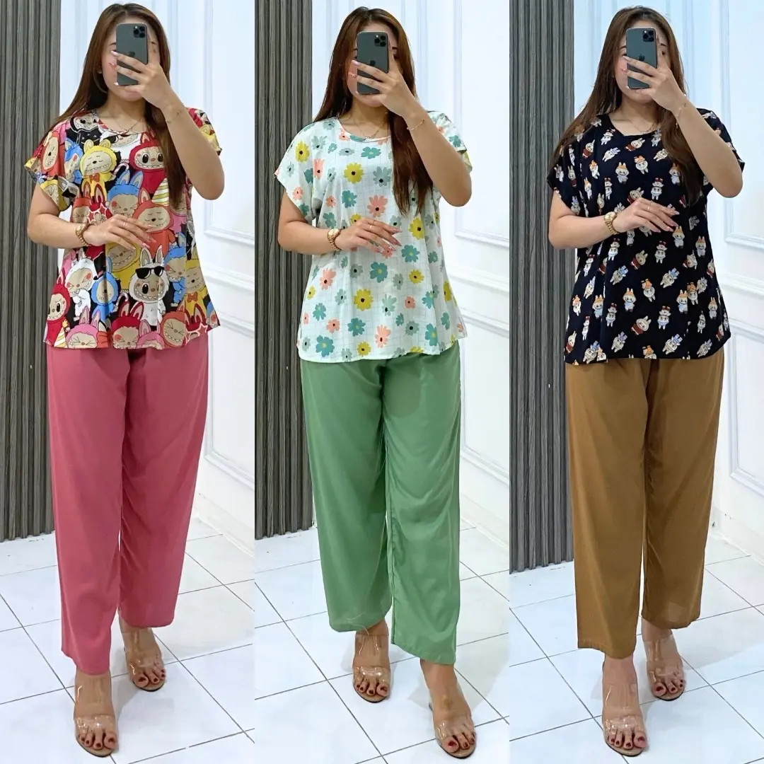 Babydoll celana panjang lengan pendek bahan katun rayon motif | Setelan baju tidur wanita LD110