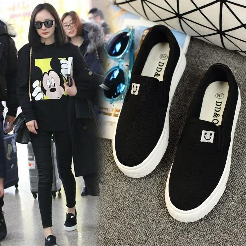 2024 Spring New Canvas Shoes Female Students Leisure Cloth Shoes Korean Style Slip-on Women's Shoes Thick Bottom Lazy White Shoes