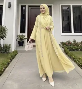 Gamis Abaya Bordir Zenna Dress Ceruty Babydoll Aplikasi Bordir Busui Friendly Baju Muslim Wanita Dewasa Mewah Pesta Lebaran Kondangan Hitam Butter Yellow