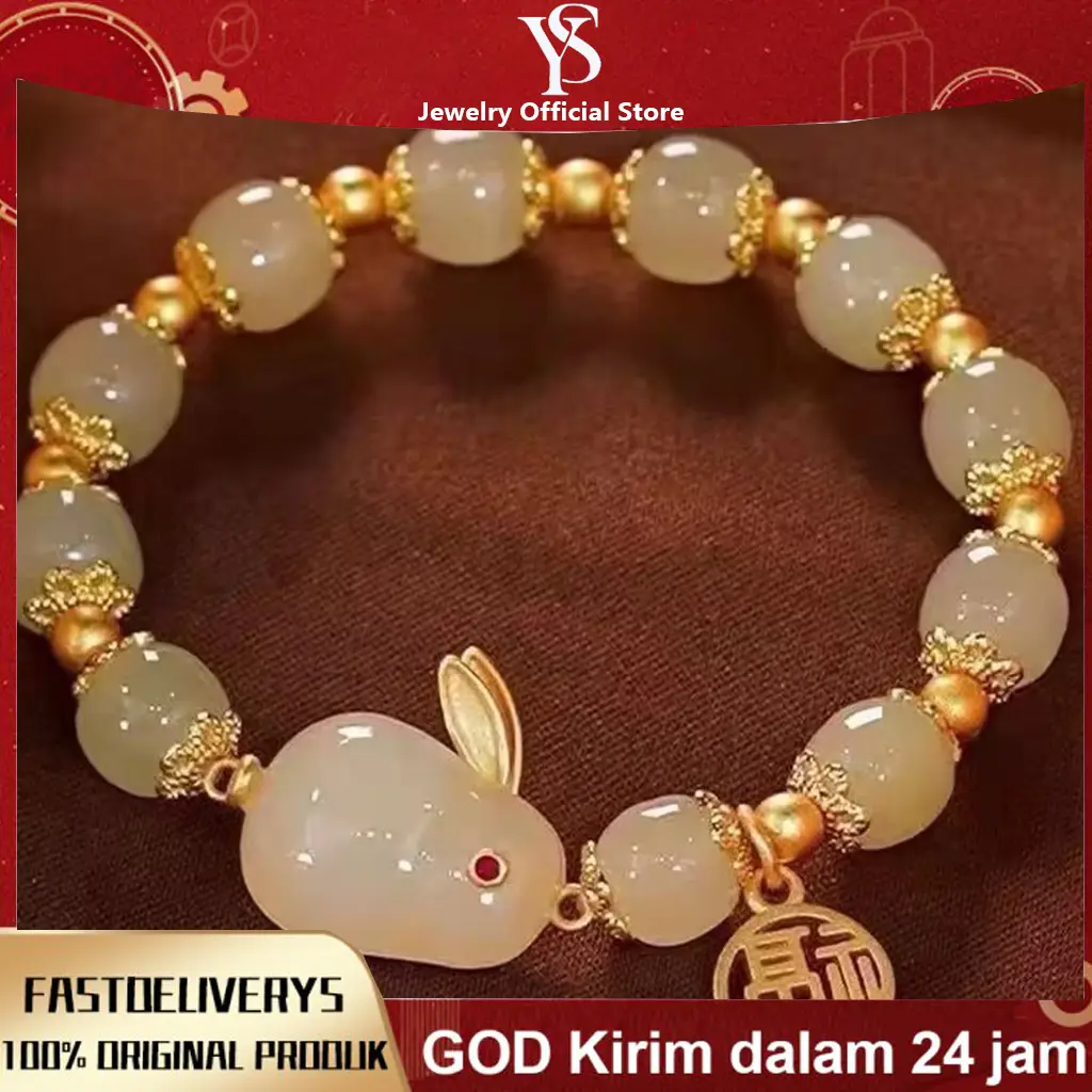 Gelang Mutiara Hijau Jadeite Kelinci Giok Wanita Gaya Korea Minimalis Anti Karat
