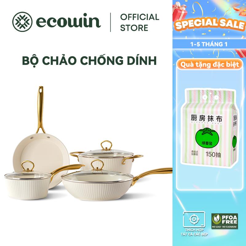 [Hàng có sẵn tại địa phương] Bộ chảo rán chảo chống dính 4 món Ecowin có nắp đồ dùng nhà bếp phù hợp cho mọi bếp