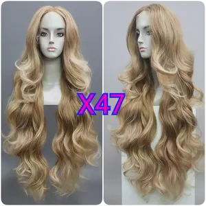 X 47 GOLD BLONDE Wig Wanita Curly Wave Panjang Lace Front Tidak Bebas Belahan Tampilan Natural Dan Menarik