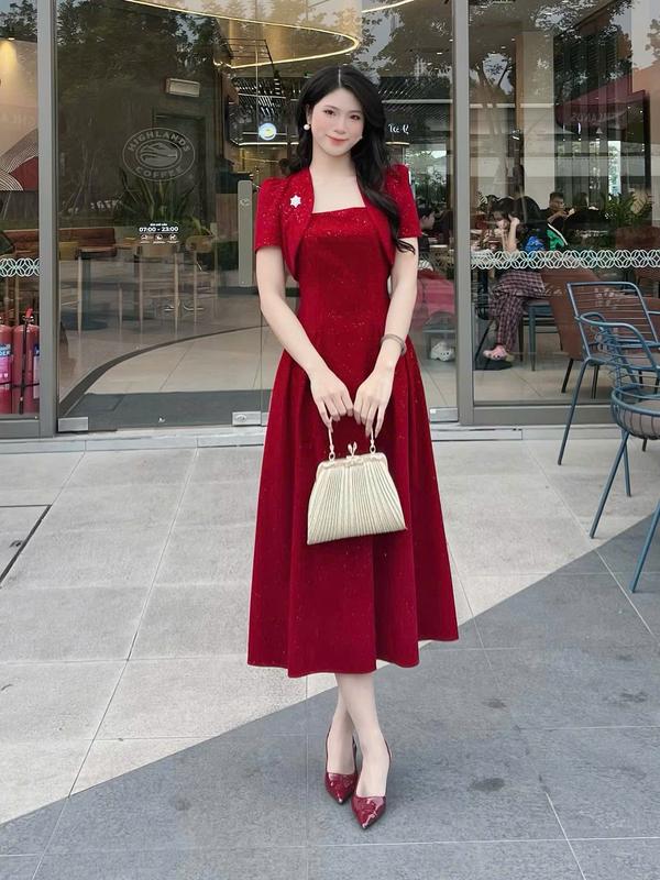 Set dầm dự tiệc VQLady D90 tay dài nhung nhũ Sang Trọng Kết Hoa Đính Đá Tôn Vóc Dáng Nữ Tính váy dài đi tiệc cưới váy dự tiệc.