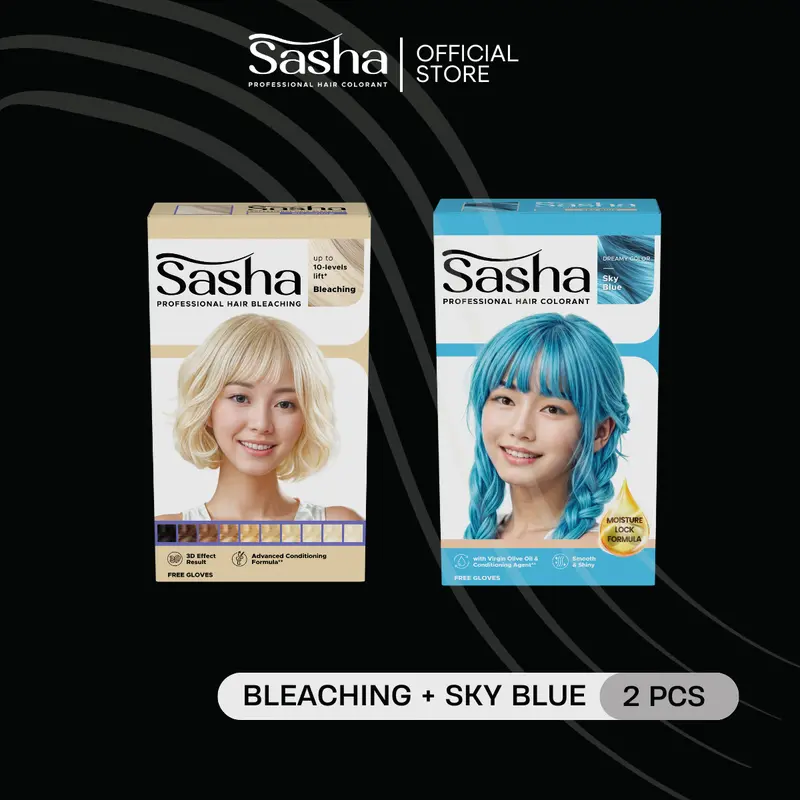 [BLEACHING + SKY BLUE] Sasha Bleaching 20gr + Hair Colorant Sky Blue 25gr | Cat Rambut Sasha Isi 2 pcs 0