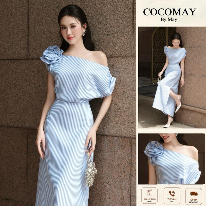 COCOMAY Đầm Marquise Bloom Dress lệch vai hoa Sọc Xanh  midi dáng dài xẻ tà  Nữ Dress Women