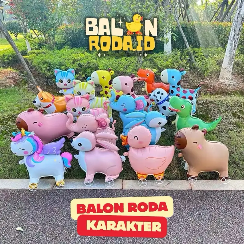 Balon Roda Karakter 4D Foil Hewan Dengan 4 Roda Dan Tali Untuk Menarik Bisa Berjalan Banyak Karakter Tersedia