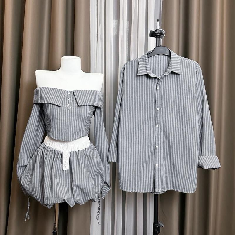   S - 76  Set đồ đôi nam nữ couple bộ nữ trễ vai tay dày kèm chân váy bí phồng và áo sơmi nam tay dài đồ đôi mặc cùng người yêu set đôi mặc đi chơi cùng ngyeu cặp 