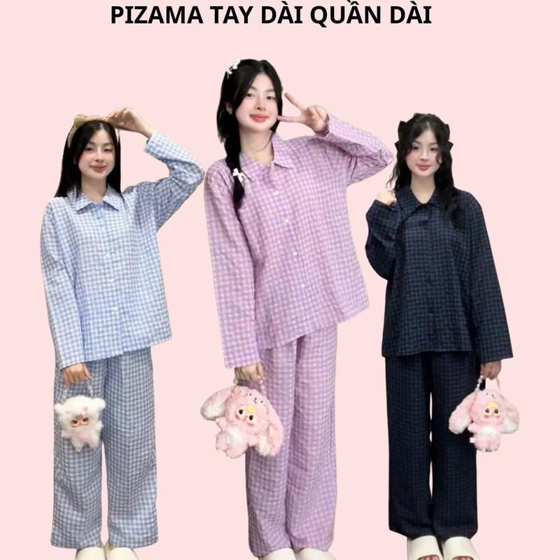 Bộ pijama nữ dài tay kẻ caro nữ đồ bộ mặc nhà cho nữ họa tiết kẻ caro cổ bẻ nhiều màu xinh cute