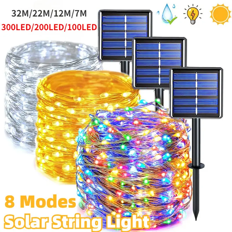 Lampu Hiasan Suria, 300LED, Bahan Tembaga, Kalis Air, Tersedia dalam 7M / 12M / 22M / 32M, 8 Mod, Sesuai untuk Hiasan Krismas dan Ramadan, Lampu Hiasan Raya, Lampu Kelip-kelip Liplap Raya