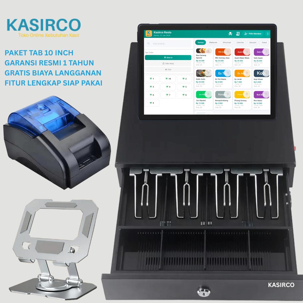 Mesin Kasir Alat Kasir Tab 10 Inch Siap Pakai Bergaransi Resmi Gratis Biaya Langganan Full Set