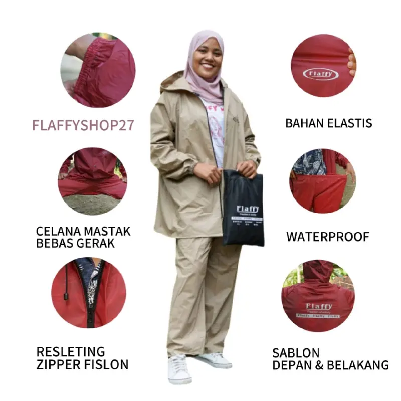 JAS HUJAN SETELAN PRIA DAN WANITA (RAIN COAT) BY FLAFFY PVC 0,25 Foldable Beige 3