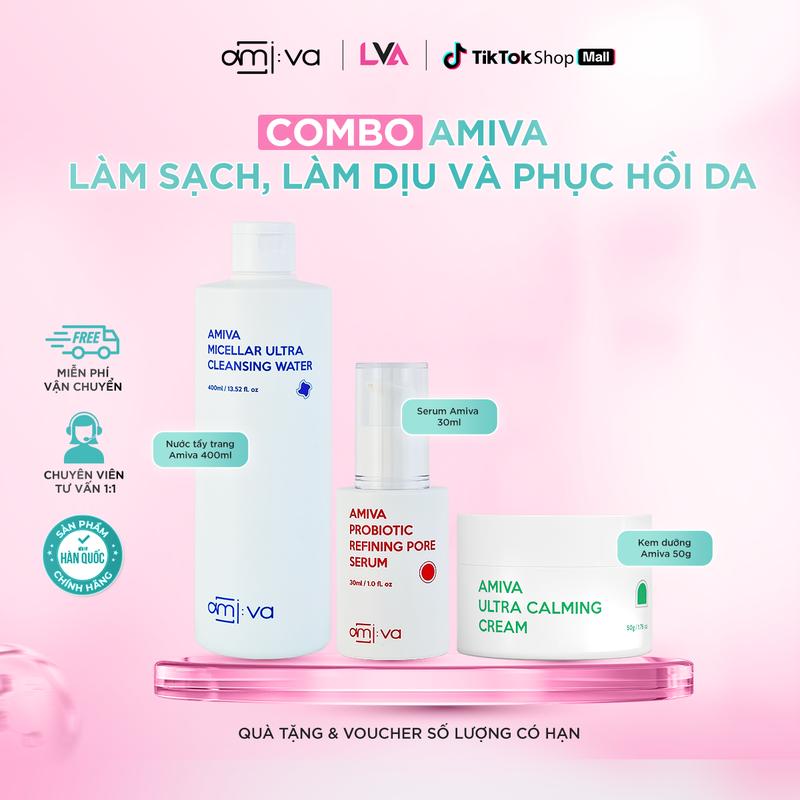 Bộ sản phẩm Amiva (Nước tẩy trang + Serum + Kem dưỡng) cấp ẩm, làm dịu, phục hồi và cải thiện da dầu, mụn - Skincare Cho da các nền da nhạy cảm