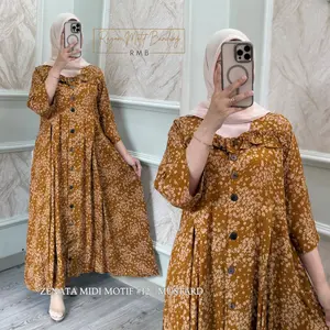ZENATA MIDI DRESS RAYON MOTIF BY RMB   Katun Rayon Motif Premium Flowy & Elegan Kancing Depan Busui Tangan Wudhu Friendly Saku Kanan