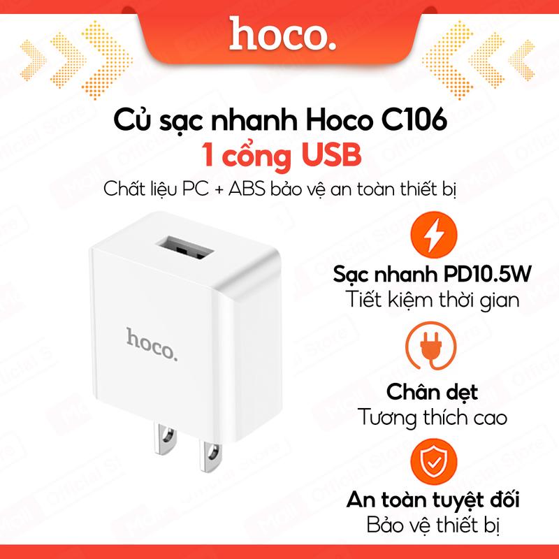 Củ sạc nhanh PD10.5W Hoco C106 chân dẹt 1 cổng USB chất liệu PC cao cấp