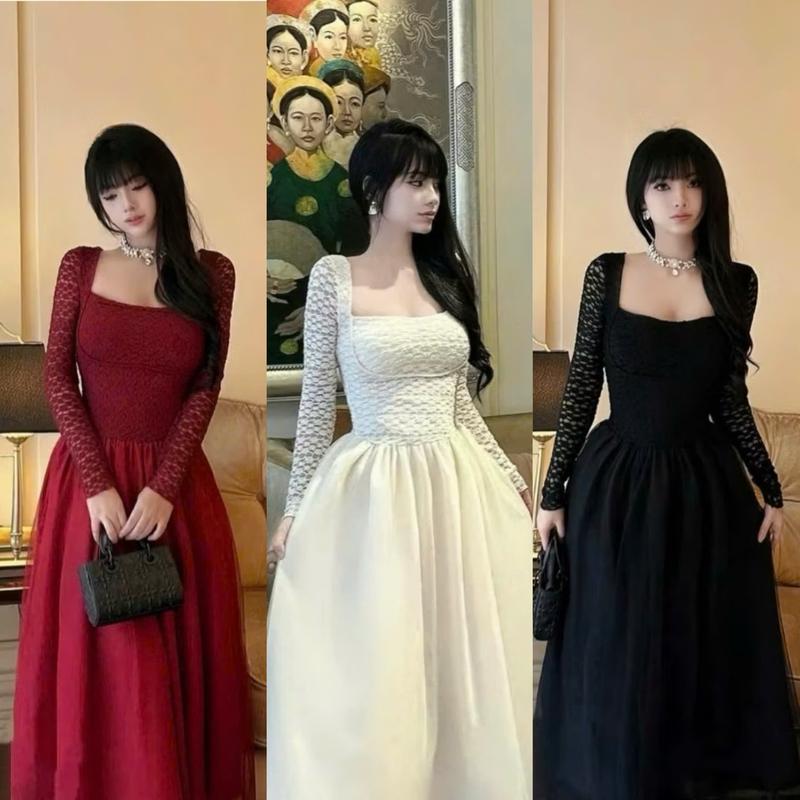  BIGSIZE HIẾU HIẾU  55-95KG  - Đầm body thiết kế phối voan cổ vuông tay dài dáng dài sang chảnh D560 