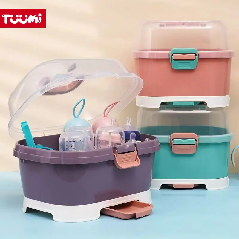 TUUMi Kotak Penyimpanan Botol Susu Besar Rak Pengering Botol Susu  Pelindung Debu dan Penampung Air Kotak Penyimpanan Peralatan Makan Bayi