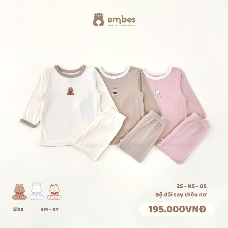 Bộ quần áo dài tay thêu nơ cho bé gái Embes Việt Nam từ 9 tháng - 4 tuổi - 25-K5-05