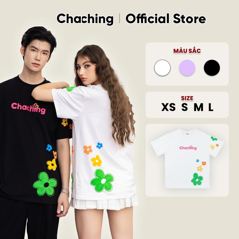 Áo Thun Unisex In Họa Tiết Hoa ChaChing, Áo Phông Nam Nữ Form Oversize Cổ Tròn Chất Vải Cotton 4C 230gsm Dày Dặn, Mềm Mịn, Ít Nhăn