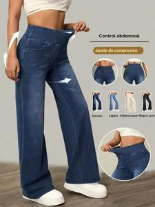 Pantalones de mezclilla para mujer de talle alto, largos y elásticos con pierna ancha; jeans de corte recto y ajuste entallado; cintura elástica cómoda; uso casual diario