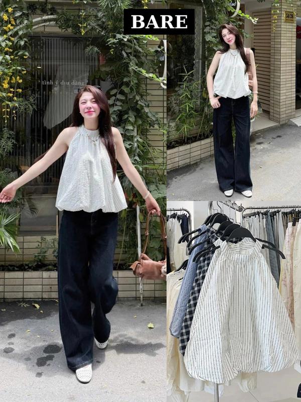 BARE_Áo Cổ Yếm Nữ Dáng Bí Trứng Phồng Freesize- Áo Babydoll Họa Tiết Kẻ Sọc Thiết Kế Độc Lạ_A593