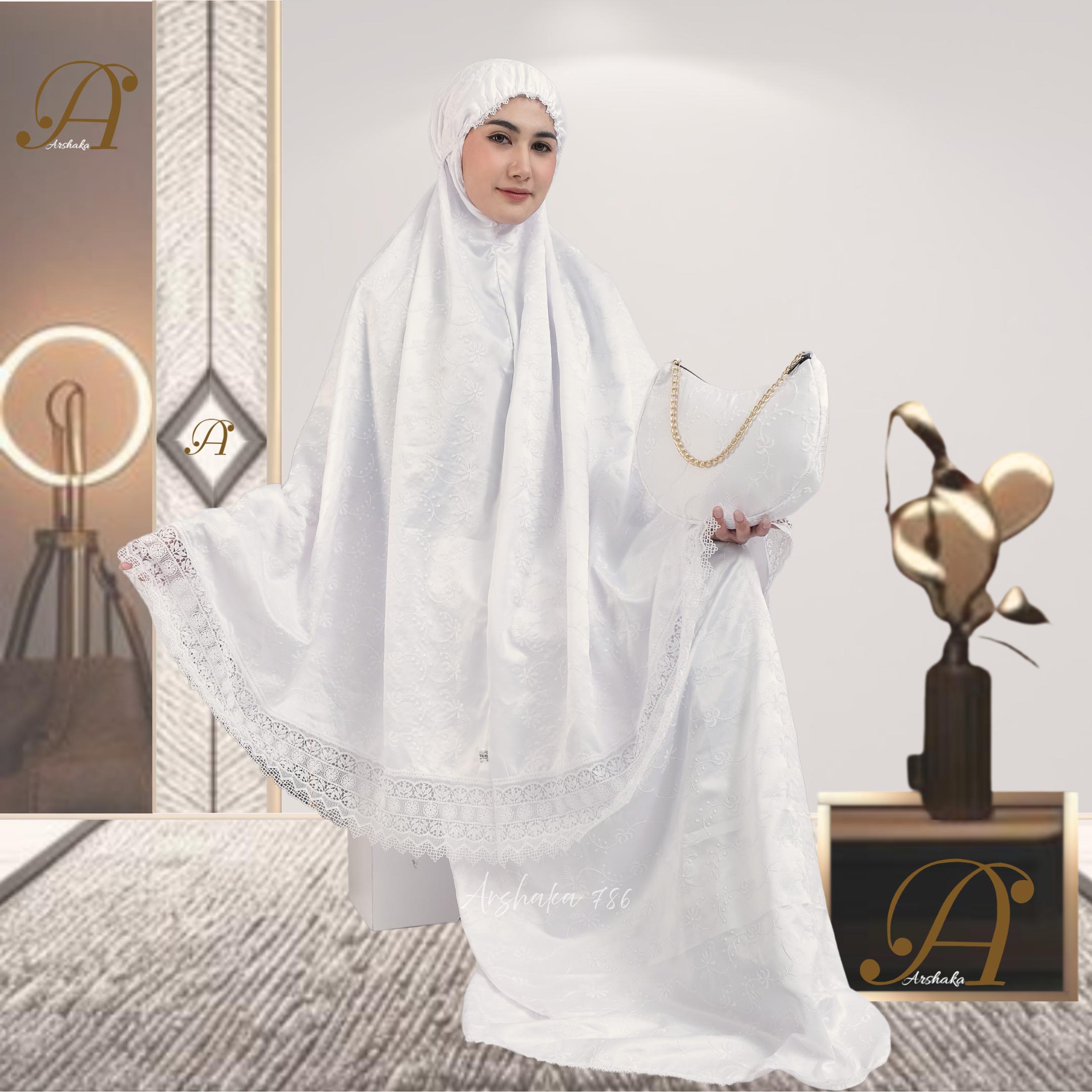 Arshaka 786 Mukena Dewasa Mewah Silk Bordir Serangkai Melati Haji Umroh Series