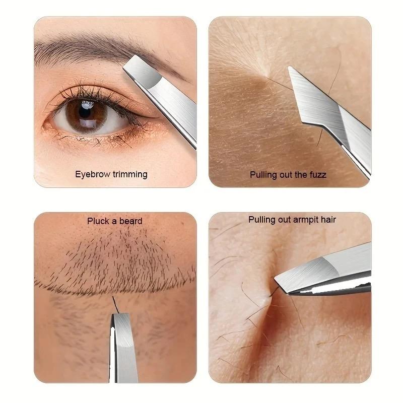 Product Introduction of 4Pcs Precision Stainless SteelTweezers For Eyebrow HairFacial Hair Removal,Splinter, Blackhead Slant TipAngle Tip Pointed Tip Makeup Durable Cosmetic 7