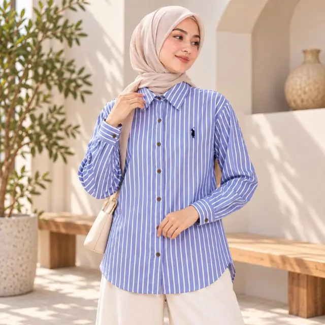 BGM LADIES OXFORD STRIPED FULL BUTTON WITH LOGO-BP-0SL161FB-RJ1 Blouses Shirts Tops