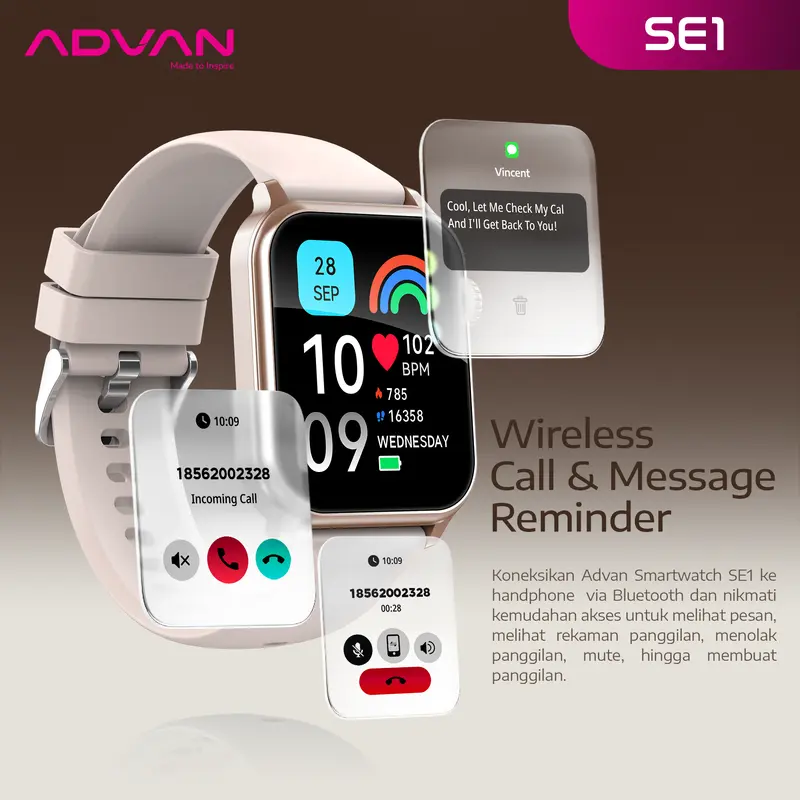 ADVAN Smartwatch SE1 AI Voice Assistant IPS 1.83” Wireless Bluetooth Call Waterproof IP68 600mAh Standby Time up to 30 Days 7
