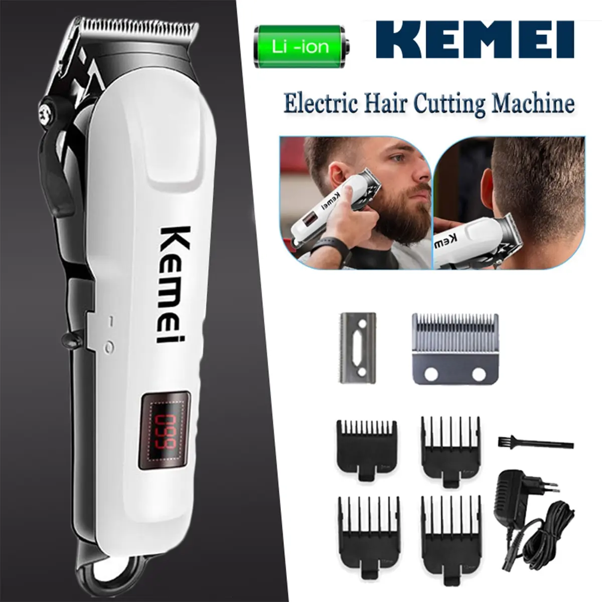 Kemei Rechargeable Hair Clipper for Men Professional Hair Trimmer KM-809A Electric Hair Cutting Machine Barber Mesin Gunting Rambut White