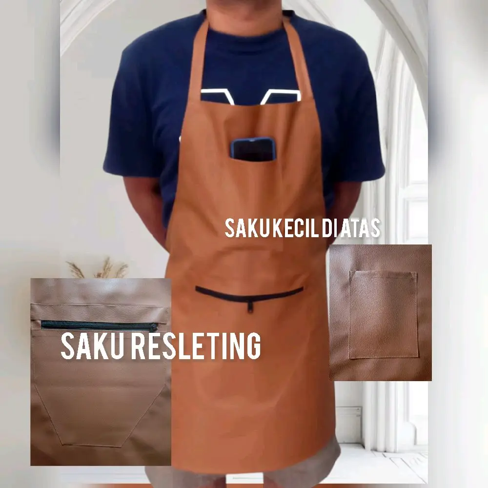 Apron Celemek Masak Resleting Anti Air dan Minyak dengan 2 Saku Tali Waterproof Kain Sintetis buat