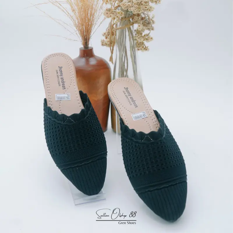 Slip On Mules Sandal Sepatu Rajut Wanita Hak Datar Karet Kasual 3