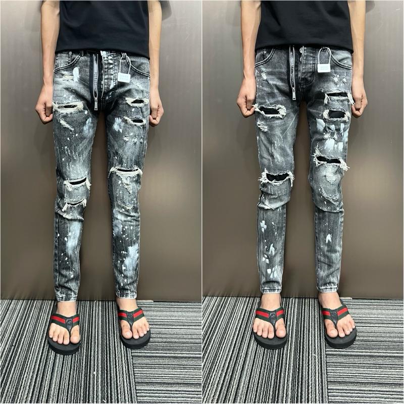 Quần Jean đen xám khói nam mài rách khoá lệch hở new 2025