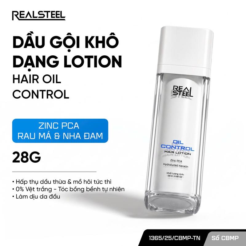 Dầu Gội Khô Dạng Lotion Kiềm Dầu Cho Nam REAL STEEL Zinc PCA Oil Control - Giúp Tóc Bồng Tơi Nhẹ, Giảm Bết Dính, Không Cặn Bột Trắng & Hương Nước Hoa Nam Tính