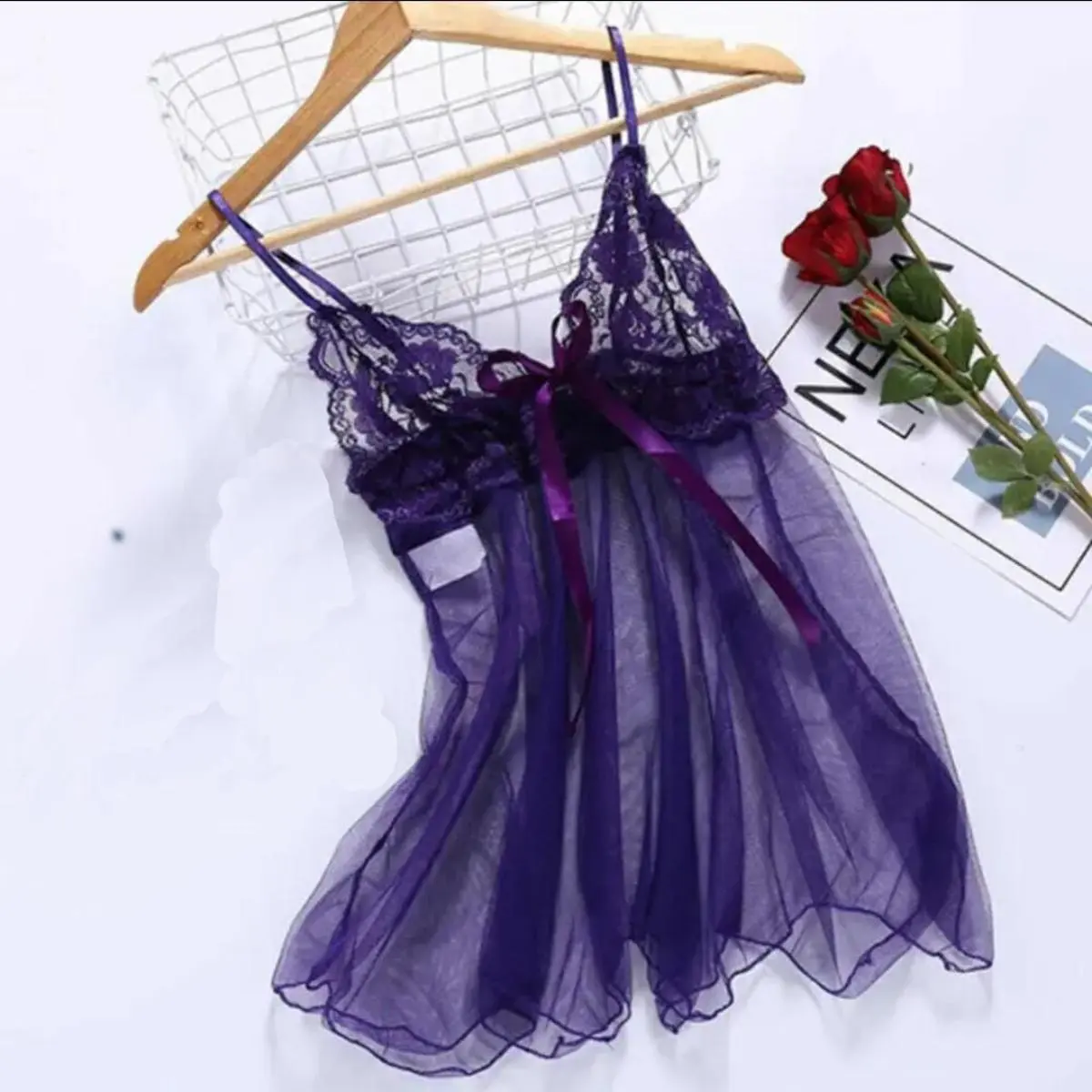 Lingerie Set + CD Wanita Transparan Lace Gaun Tidur 1060