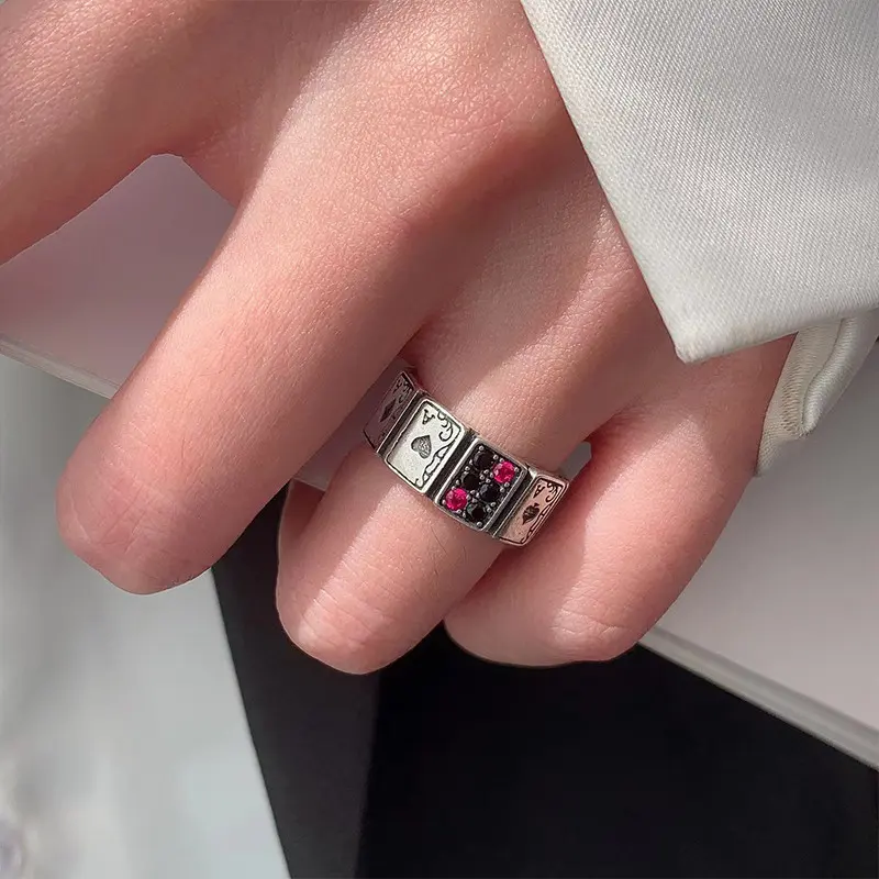 【Sktlz】 Setting Good  Poker Ring Retro Hip Hop Ring Exaggerated Personalized Open Ring 7