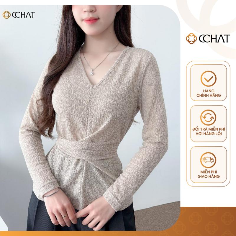TREND25 Áo Thun Nữ CCHAT Mode Flow Dáng Ôm Cổ Tim Nơ Viền Buộc Lệch Chất Thun Co Giãn 4 Chiều 15TDC2001OT