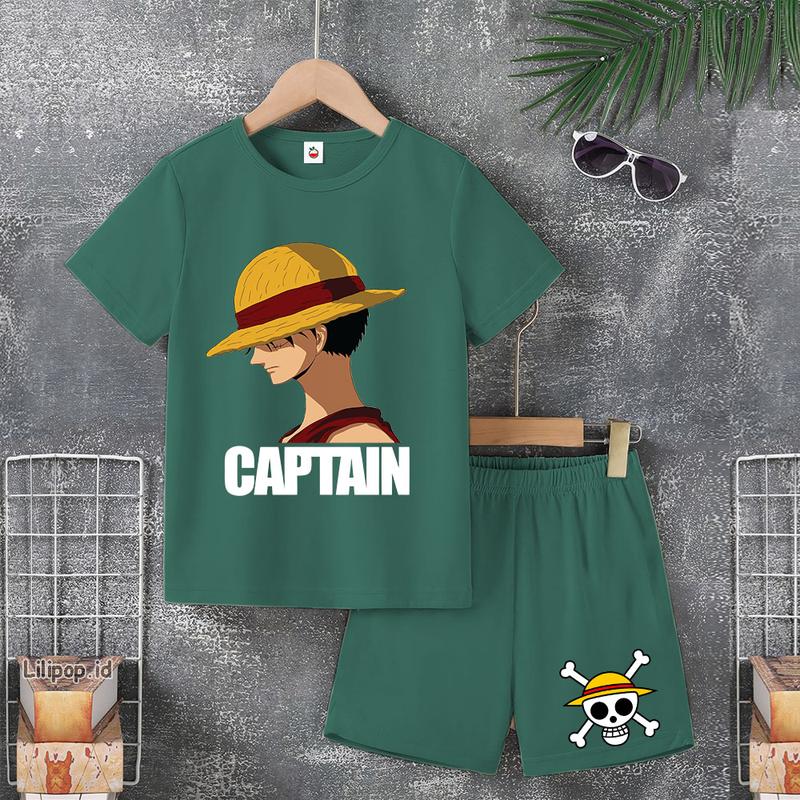 Baju Anak Stelan Usia 4 -10 Tahun LUFFY ONE PIECE Kaos 3/4 Cowok Cewek Celana Pendek Harian 6