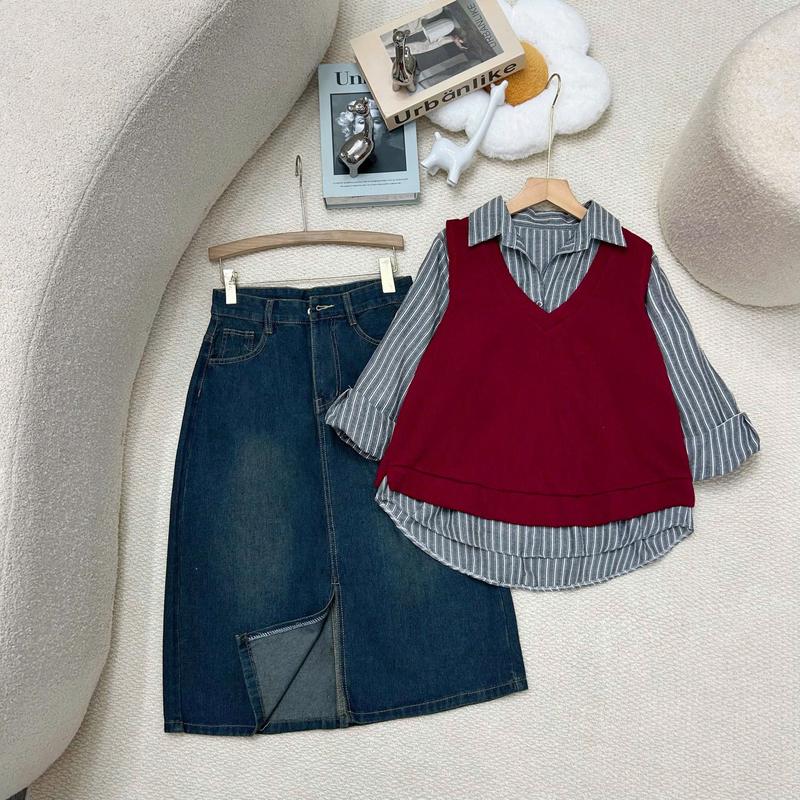  Set áo váy  Có lẻ áo sơ mi Ghi lê Chân váy  bigsize nữ áo sơ mi dài tay kẻ sọc kết hợp cùng áo ghi lê và chân váy jean 7 tấc mùa thu đông xinh xắn   A238 +A335+V5  TỰ CHỌN 