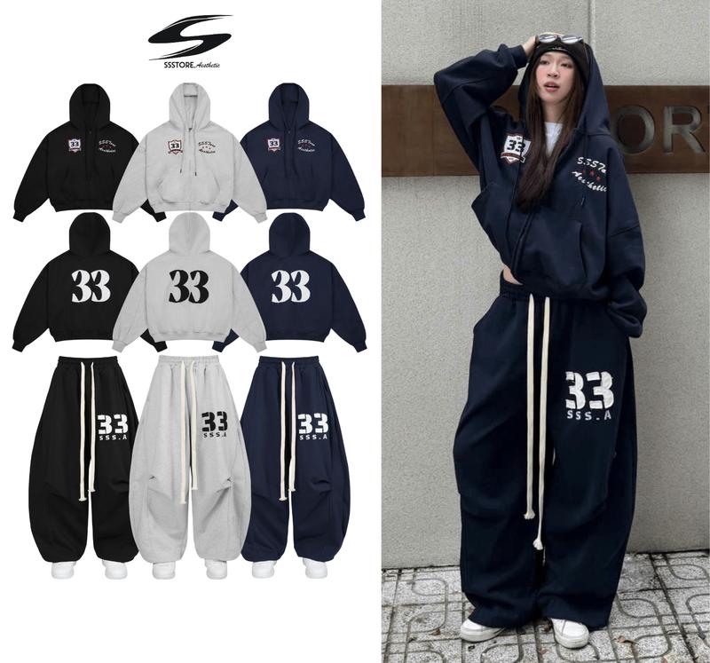   BST THU ĐÔNG  SET BỘ NỈ CHÂN CUA PREMIUM KHÔNG XÙ LÔNG THÊU ĐẮP VẢI 33 ÁO KHOÁC ZIP SWEATER BOXY BIGSIZE | SSSTORE.AESTHETIC 