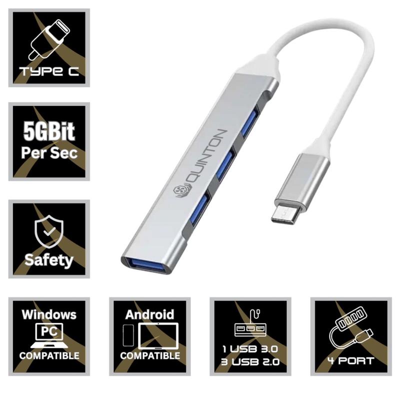 Usb hub adapter 3.0 quinton ultra thin Type c to usb A4 port aluminium silver for laptop,mobile phone,& macbook 0