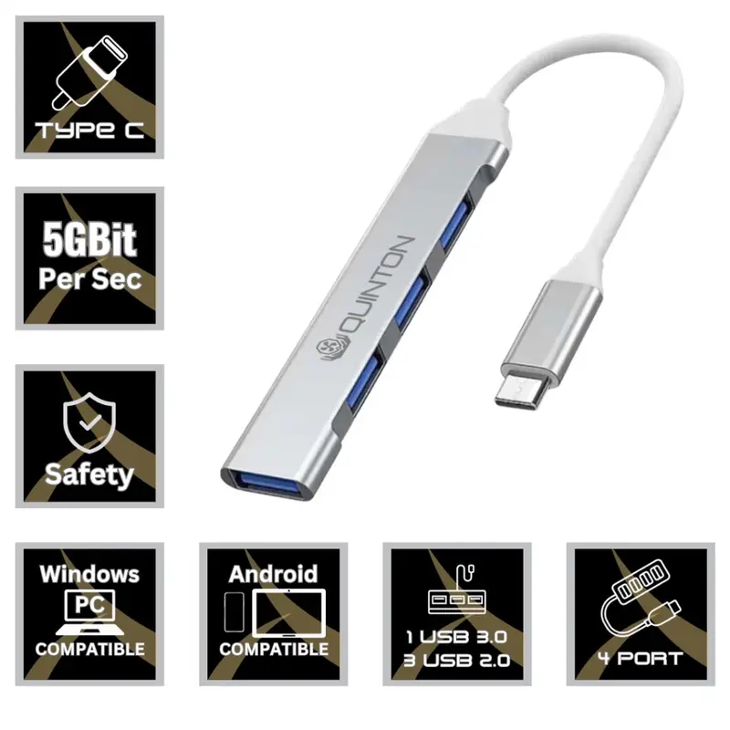 Usb hub adapter 3.0 quinton ultra thin Type c to usb A4 port aluminium silver for laptop,mobile phone,& macbook 0